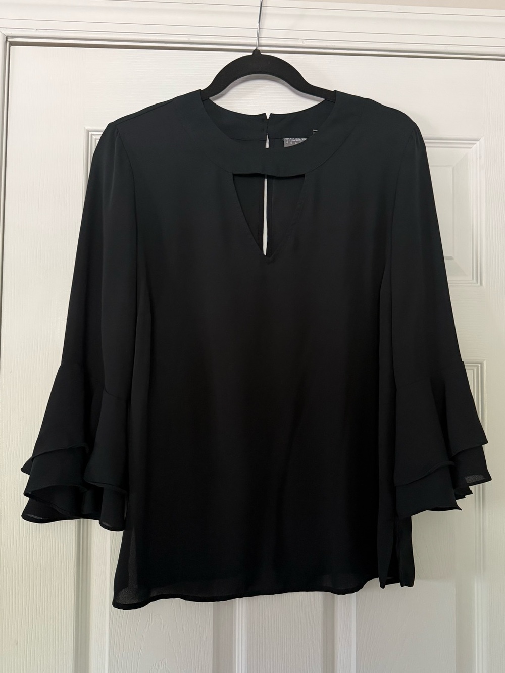 New York & Company Black Ruffle Sleeve Keyhole Blouse